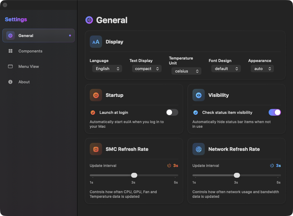 eulalia settings window: display, appearance, startup, visibility and refresh rate blocks, all visible without scrolling